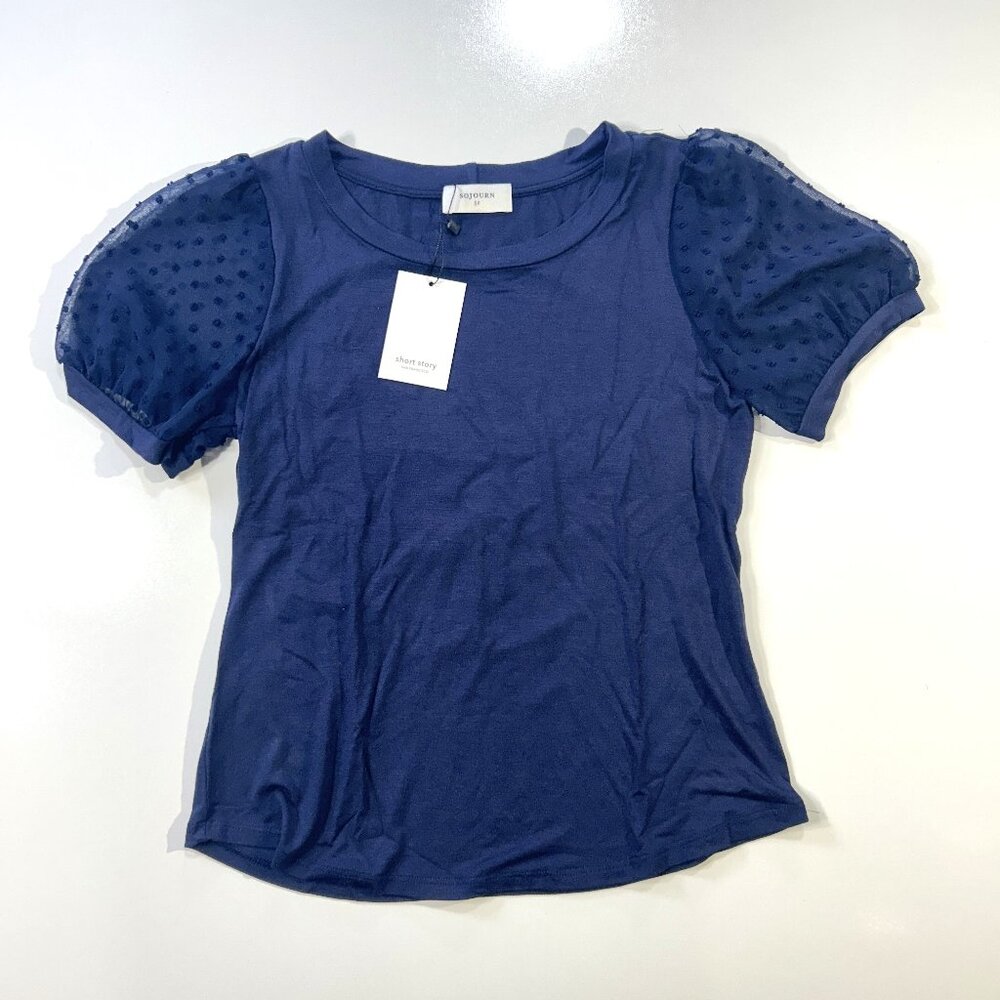 NWT Sojourn Navy top sheer sleeves, size small petite